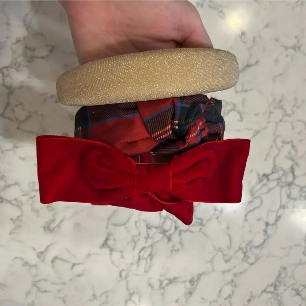 Lot of 3 Hair Accessories 2 Headbands One Bow Red Plaid Gold Tan